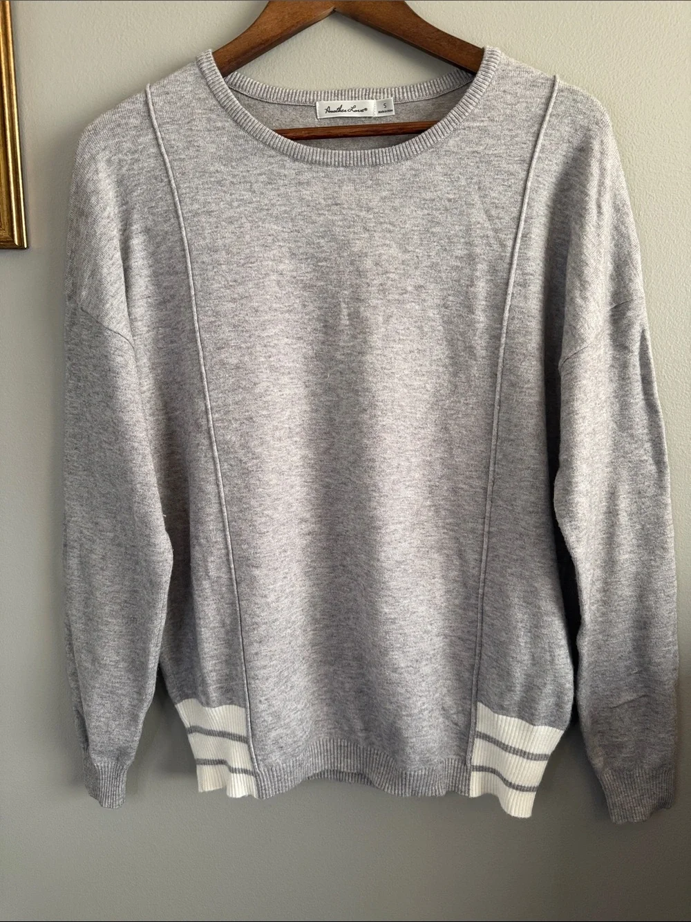 Another Love Gray Striped Hem Knit Sweater Small Soft Preppy Casual